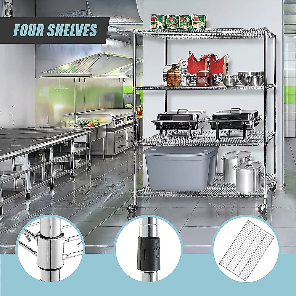 Modular Wire Storage 150x35cm Steel Shelving Chrome With Wheels For Garage Warehouse Or Kitchen Organisation V63-841391