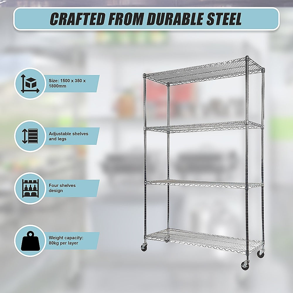 Modular Wire Storage 150x35cm Steel Shelving Chrome With Wheels For Garage Warehouse Or Kitchen Organisation V63-841391