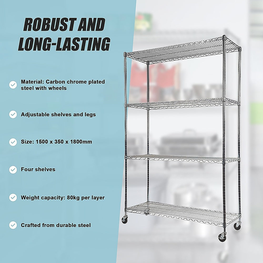 Modular Wire Storage 150x35cm Steel Shelving Chrome With Wheels For Garage Warehouse Or Kitchen Organisation V63-841391