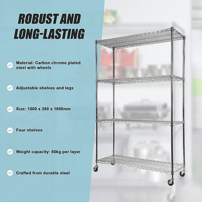 Modular Wire Storage 150x35cm Steel Shelving Chrome With Wheels For Garage Warehouse Or Kitchen Organisation V63-841391