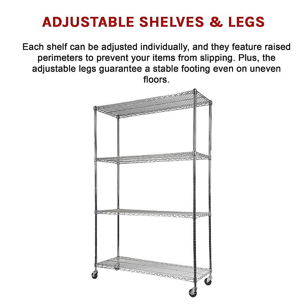 Modular Wire Storage 150x35cm Steel Shelving Chrome With Wheels For Garage Warehouse Or Kitchen Organisation V63-841391
