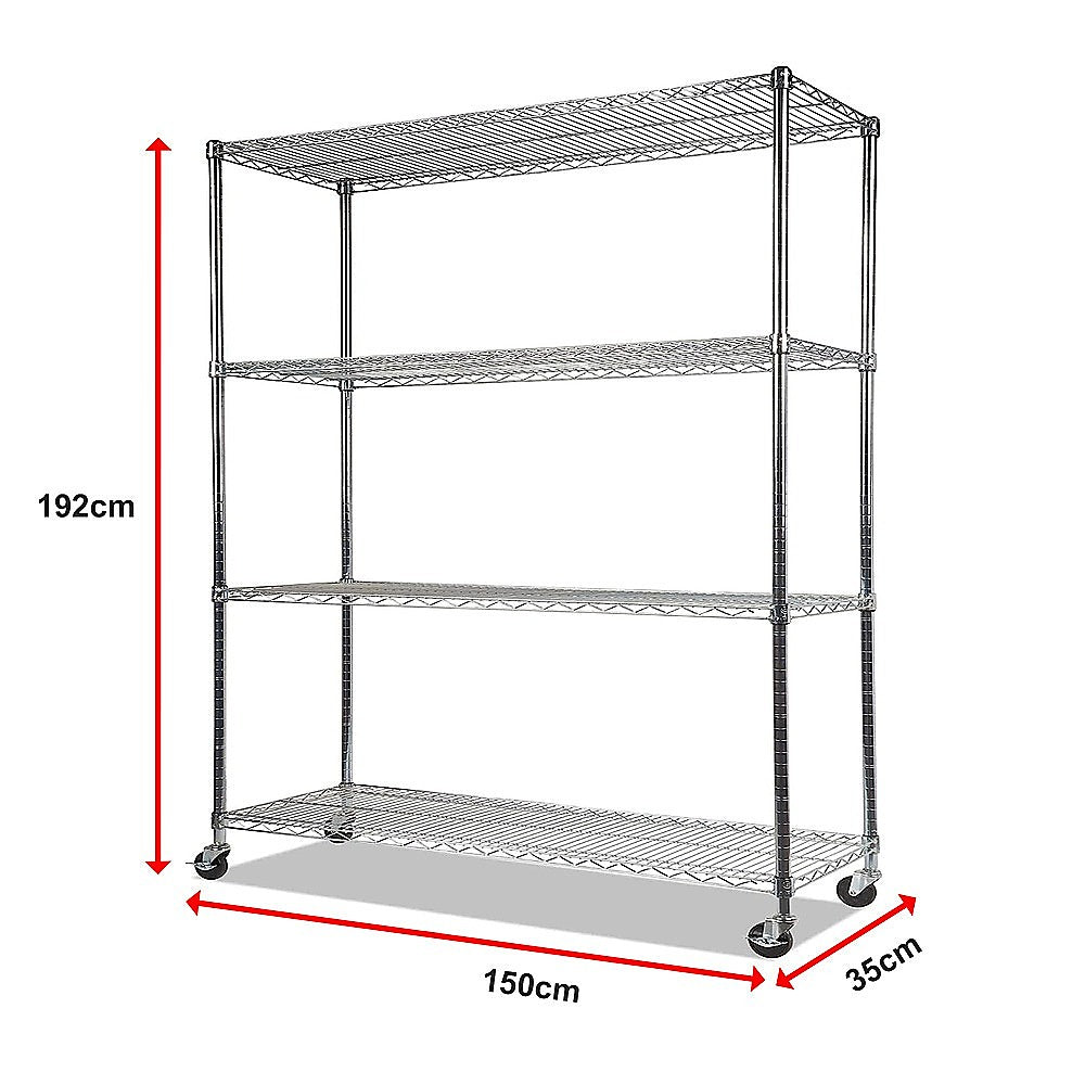 Modular Wire Storage 150x35cm Steel Shelving Chrome With Wheels For Garage Warehouse Or Kitchen Organisation V63-841391