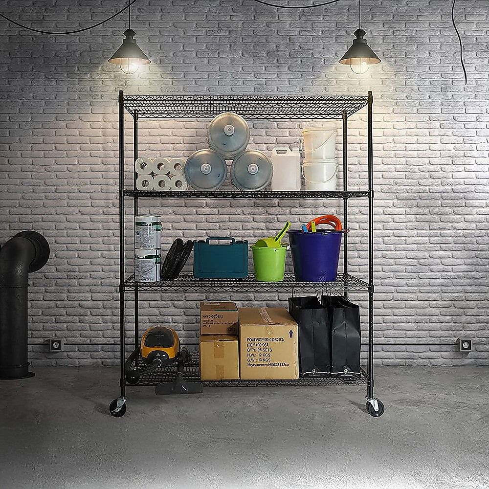 Modular Wire Storage 150x35cm Steel Shelving Black With Wheels For Garage Warehouse Or Kitchen Organisation V63-841401
