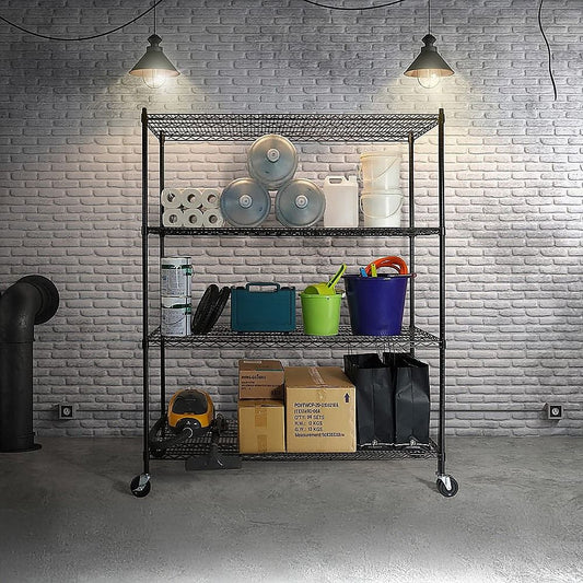 Modular Wire Storage 150x35cm Steel Shelving Black With Wheels For Garage Warehouse Or Kitchen Organisation V63-841401