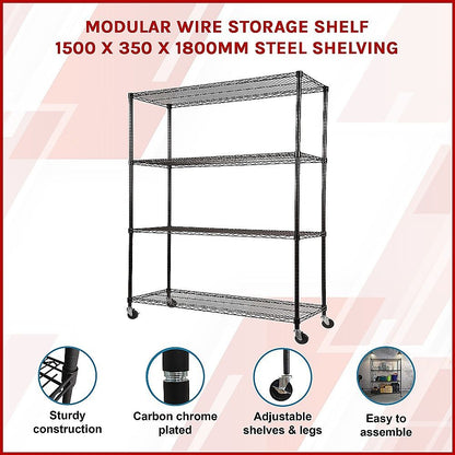 Modular Wire Storage 150x35cm Steel Shelving Black With Wheels For Garage Warehouse Or Kitchen Organisation V63-841401