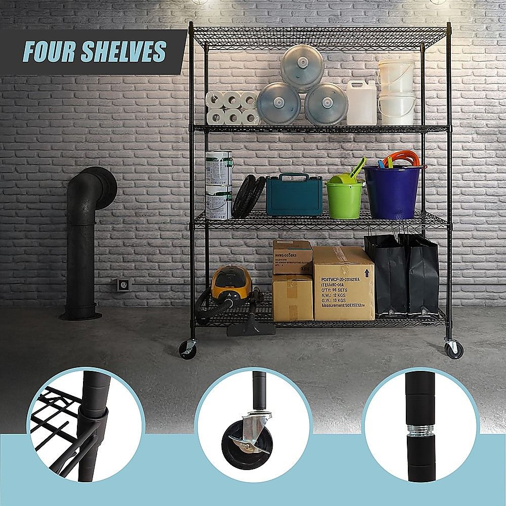 Modular Wire Storage 150x35cm Steel Shelving Black With Wheels For Garage Warehouse Or Kitchen Organisation V63-841401