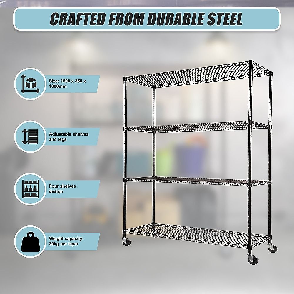 Modular Wire Storage 150x35cm Steel Shelving Black With Wheels For Garage Warehouse Or Kitchen Organisation V63-841401