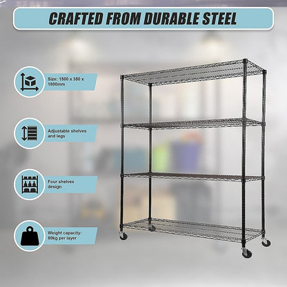 Modular Wire Storage 150x35cm Steel Shelving Black With Wheels For Garage Warehouse Or Kitchen Organisation V63-841401