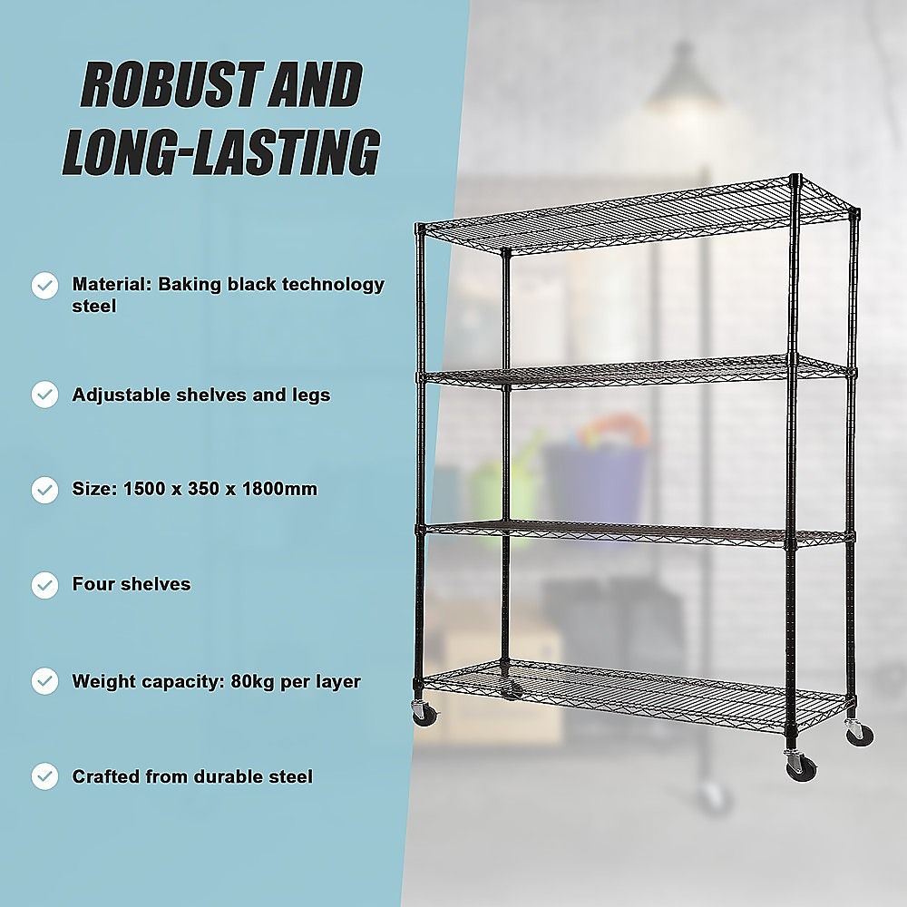 Modular Wire Storage 150x35cm Steel Shelving Black With Wheels For Garage Warehouse Or Kitchen Organisation V63-841401