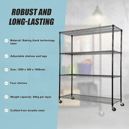 Modular Wire Storage 150x35cm Steel Shelving Black With Wheels For Garage Warehouse Or Kitchen Organisation V63-841401