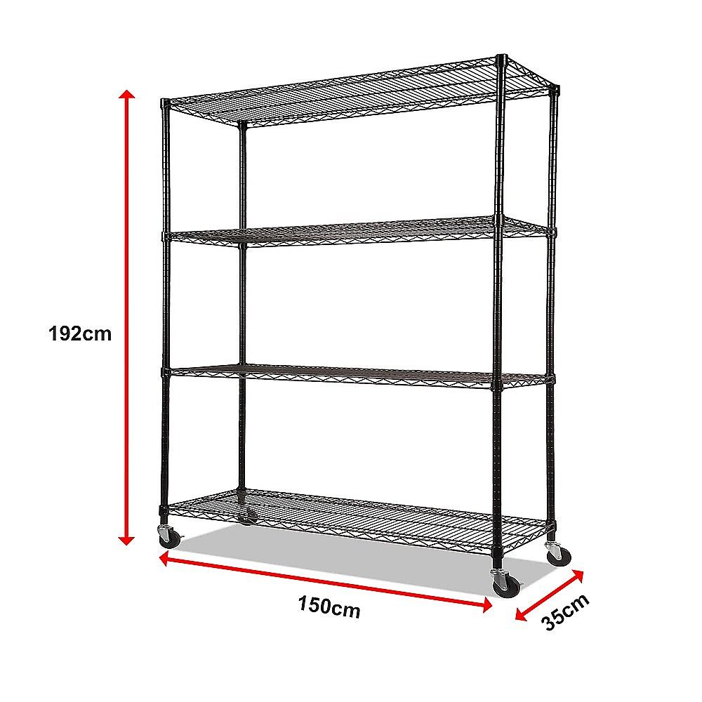 Modular Wire Storage 150x35cm Steel Shelving Black With Wheels For Garage Warehouse Or Kitchen Organisation V63-841401