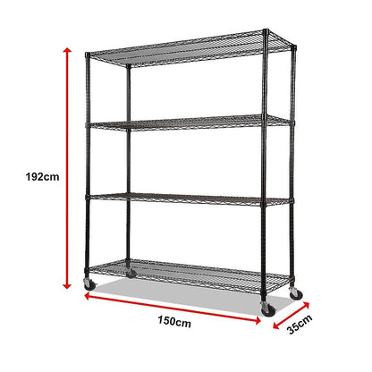 Modular Wire Storage 150x35cm Steel Shelving Black With Wheels For Garage Warehouse Or Kitchen Organisation V63-841401