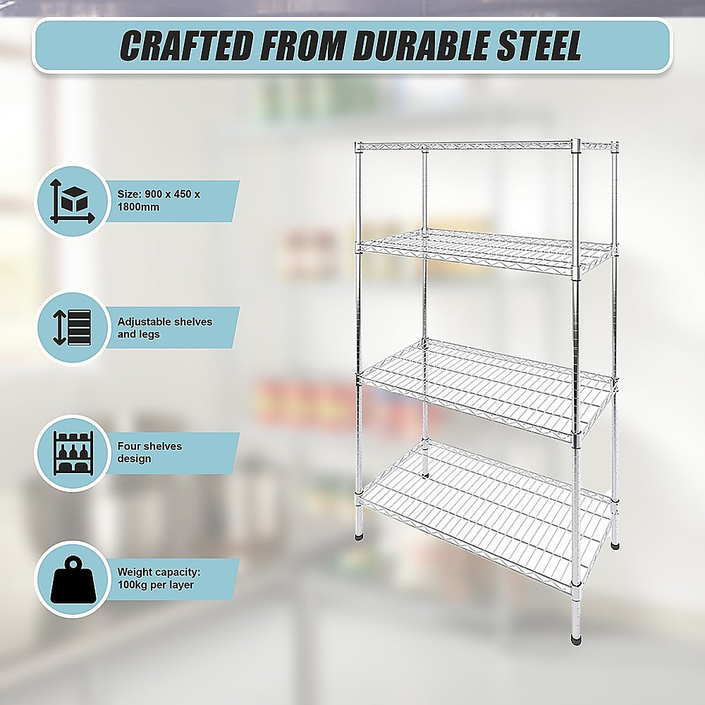 Modular Wire Storage 90x45cm Steel Shelving Chrome With Fixed Legs For Garage Warehouse Or Kitchen V63-841421