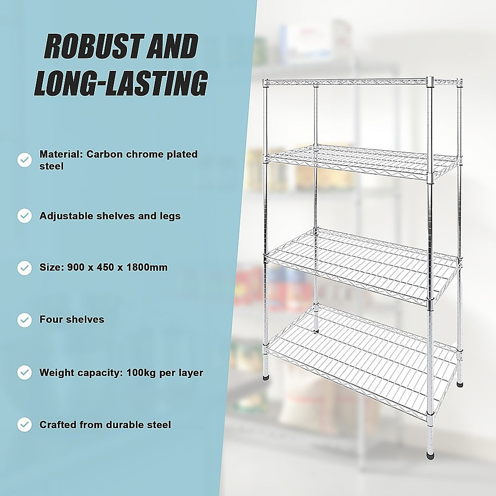 Modular Wire Storage 90x45cm Steel Shelving Chrome With Fixed Legs For Garage Warehouse Or Kitchen V63-841421