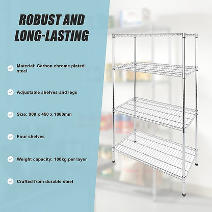 Modular Wire Storage 90x45cm Steel Shelving Chrome With Fixed Legs For Garage Warehouse Or Kitchen V63-841421
