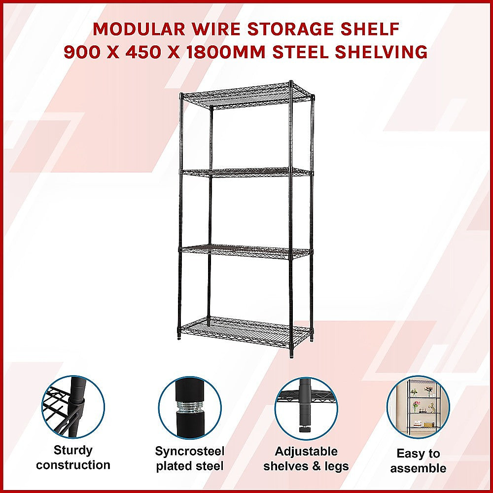 Modular Wire Storage 90x45cm Steel Shelving Black With Fixed Legs For Garage Warehouse Or Kitchen Organisation V63-841431