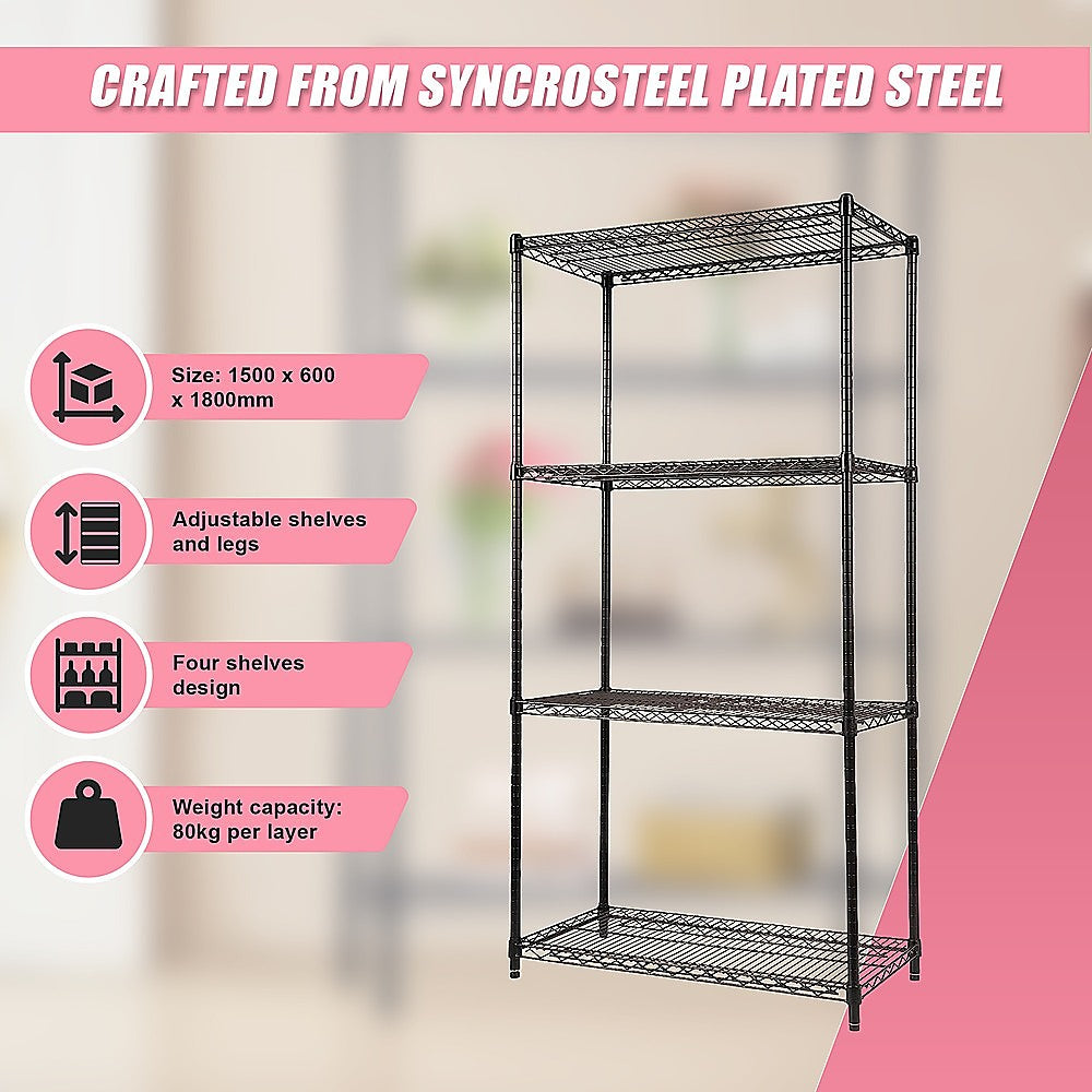 Modular Wire Storage 90x45cm Steel Shelving Black With Fixed Legs For Garage Warehouse Or Kitchen Organisation V63-841431