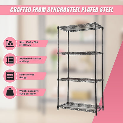 Modular Wire Storage 90x45cm Steel Shelving Black With Fixed Legs For Garage Warehouse Or Kitchen Organisation V63-841431