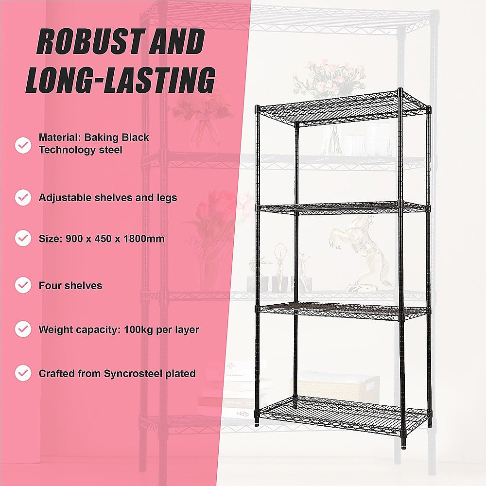 Modular Wire Storage 90x45cm Steel Shelving Black With Fixed Legs For Garage Warehouse Or Kitchen Organisation V63-841431