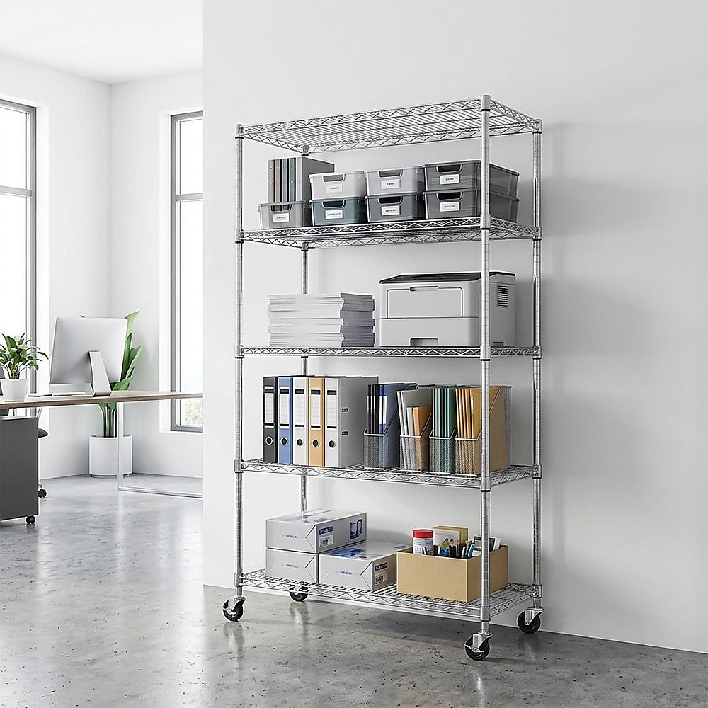 Modular Wire Storage 90x45cm Steel Shelving Chrome With Wheels For Garage Warehouse Or Kitchen Organisation V63-841441