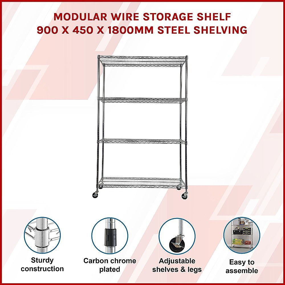 Modular Wire Storage 90x45cm Steel Shelving Chrome With Wheels For Garage Warehouse Or Kitchen Organisation V63-841441