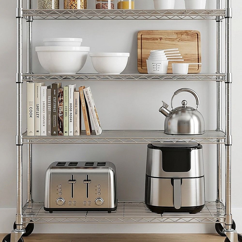 Modular Wire Storage 90x45cm Steel Shelving Chrome With Wheels For Garage Warehouse Or Kitchen Organisation V63-841441