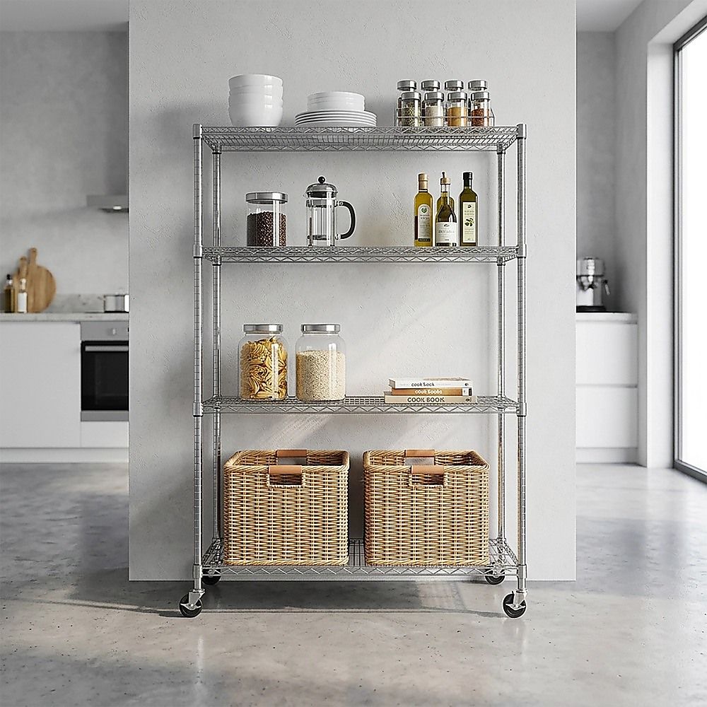 Modular Wire Storage 90x45cm Steel Shelving Chrome With Wheels For Garage Warehouse Or Kitchen Organisation V63-841441