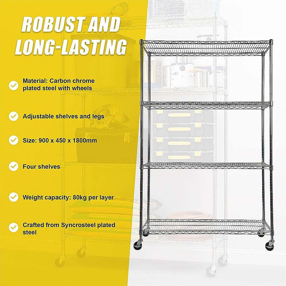 Modular Wire Storage 90x45cm Steel Shelving Chrome With Wheels For Garage Warehouse Or Kitchen Organisation V63-841441