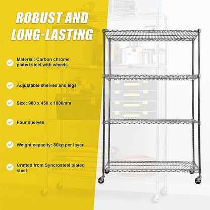 Modular Wire Storage 90x45cm Steel Shelving Chrome With Wheels For Garage Warehouse Or Kitchen Organisation V63-841441