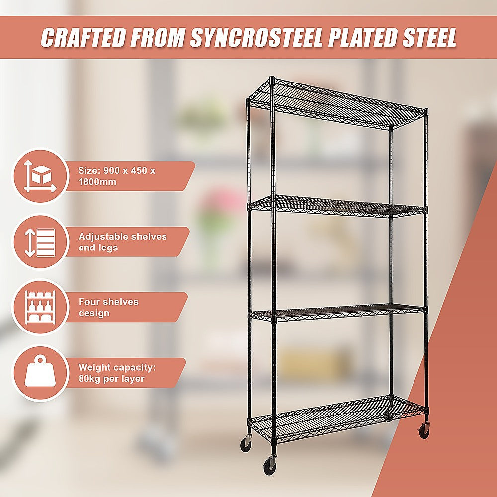Modular Wire Storage 90x45cm Steel Shelving Black With Wheels For Garage Warehouse Or Kitchen Organisation V63-841451