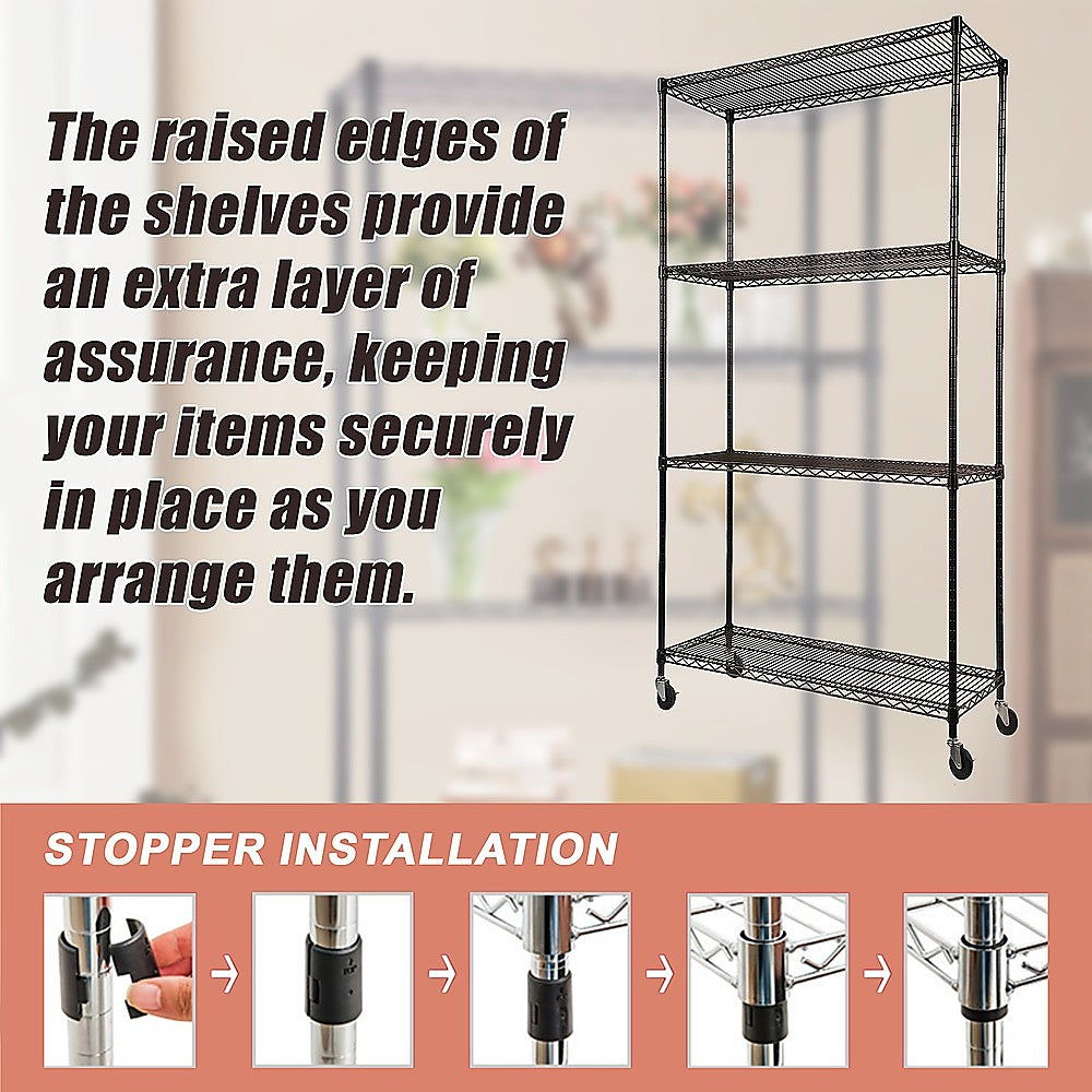 Modular Wire Storage 90x45cm Steel Shelving Black With Wheels For Garage Warehouse Or Kitchen Organisation V63-841451