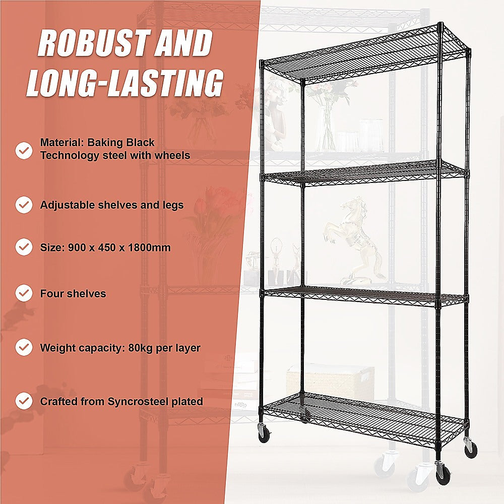 Modular Wire Storage 90x45cm Steel Shelving Black With Wheels For Garage Warehouse Or Kitchen Organisation V63-841451
