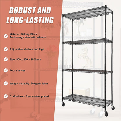 Modular Wire Storage 90x45cm Steel Shelving Black With Wheels For Garage Warehouse Or Kitchen Organisation V63-841451