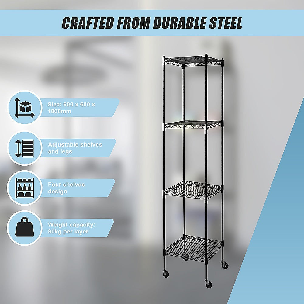 Modular Wire Storage 35x35cm Steel Shelving Black With Wheels For Garage Warehouse Or Kitchen Organisation V63-841501