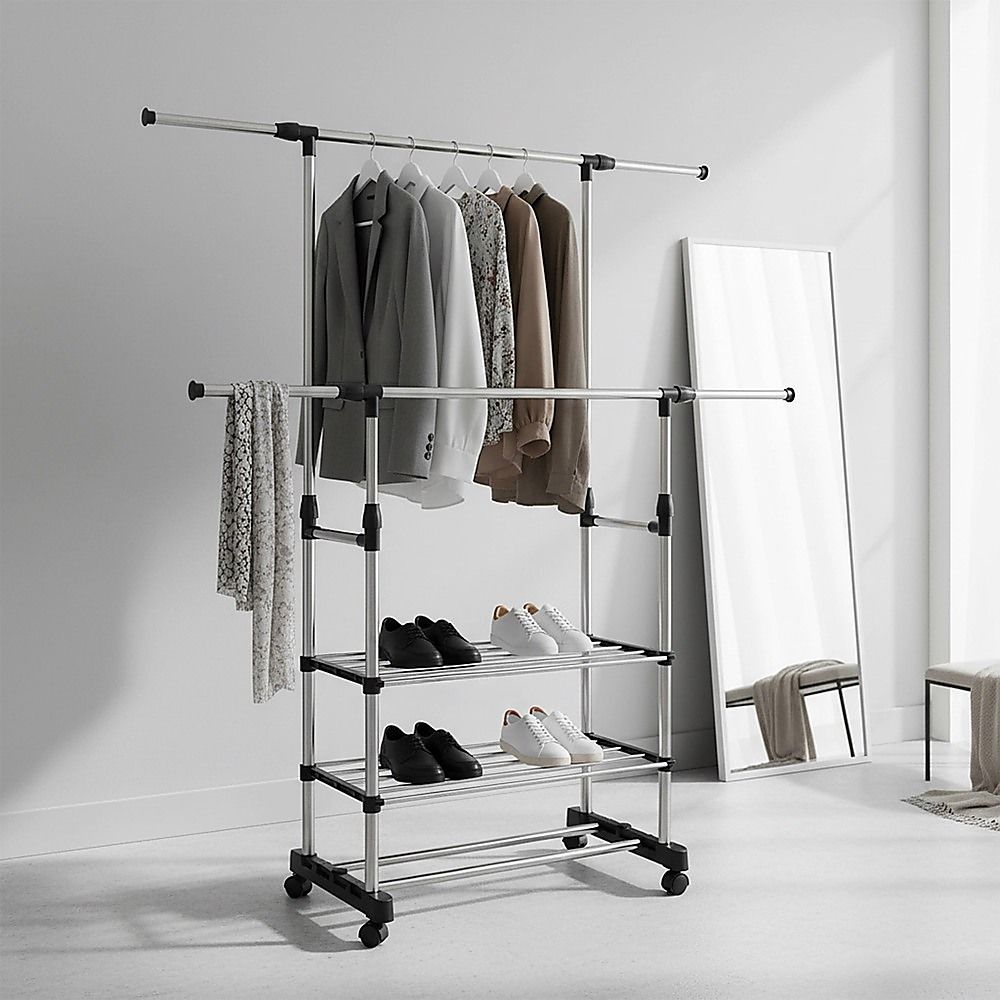 Heavy Duty Commercial Garment Rack Double Bar Rolling Collapsible Clothing Shelf V63-841681