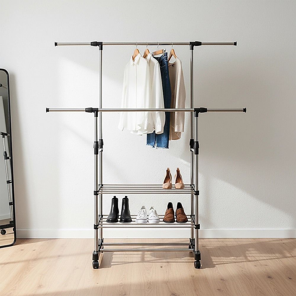 Heavy Duty Commercial Garment Rack Double Bar Rolling Collapsible Clothing Shelf V63-841681