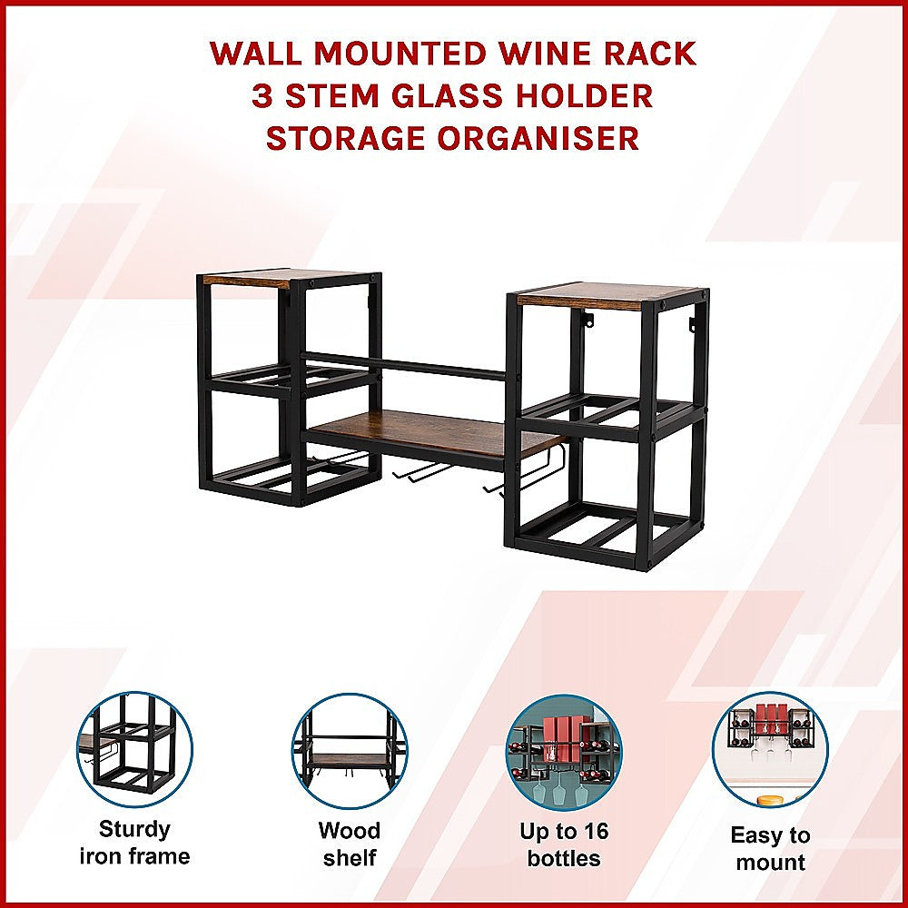 Wall Mounted Wine Rack 3 Stem Glass Holder Storage Organiser V63-841821