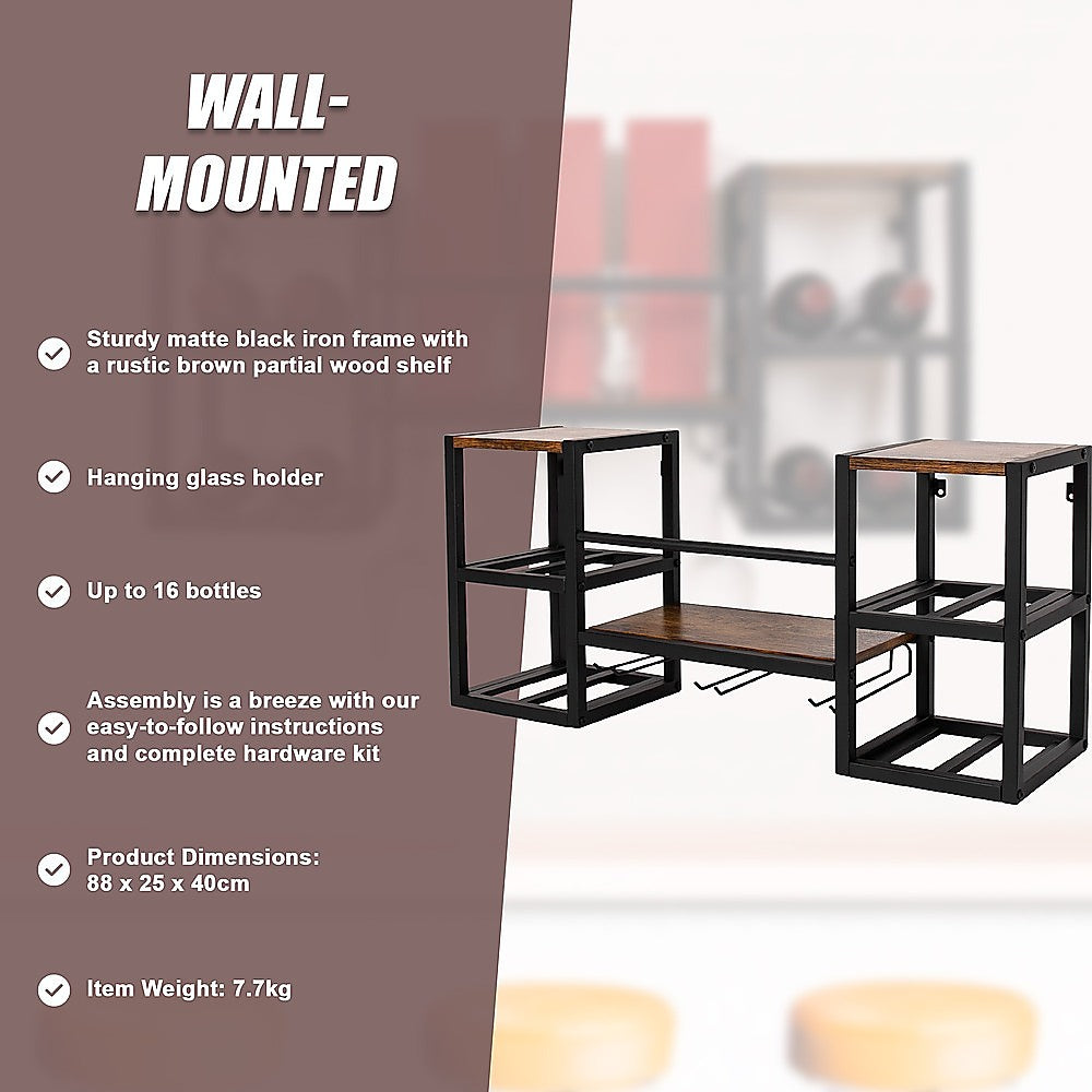 Wall Mounted Wine Rack 3 Stem Glass Holder Storage Organiser V63-841821