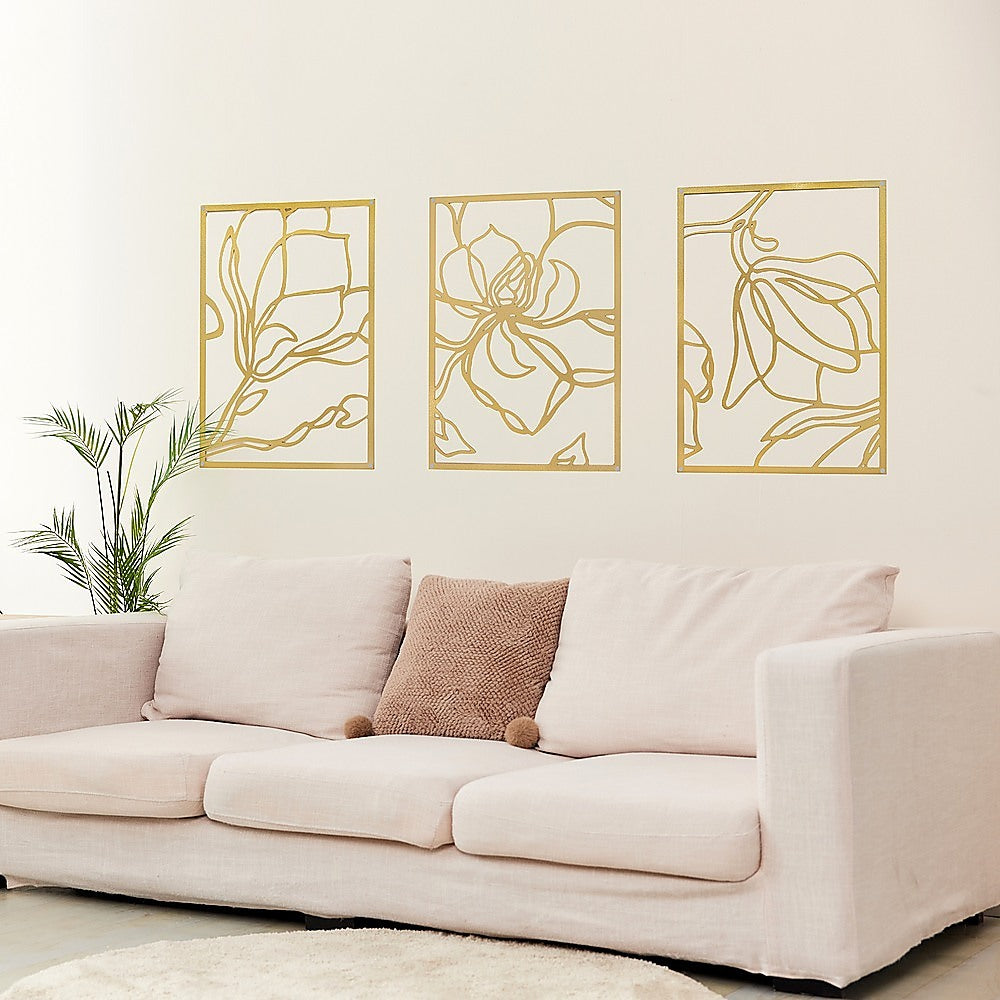 3 Piece Gold Flower Metal Wall Decor Abstract Floral Aesthetic Set of 3 V63-841841