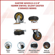 Castor Wheels 4 x 6" 150mm Swivel Silent Caster 2 Brakes 800KG V63-841911