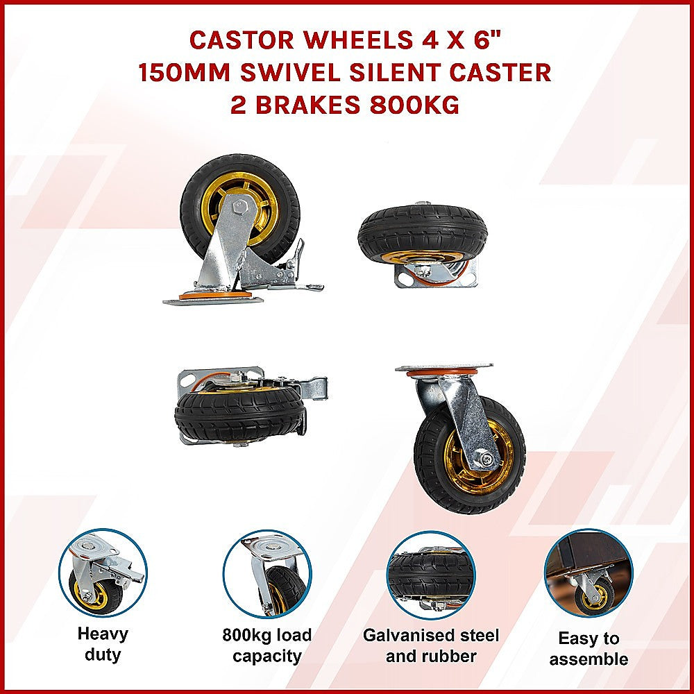 Castor Wheels 4 x 6" 150mm Swivel Silent Caster 2 Brakes 800KG V63-841911