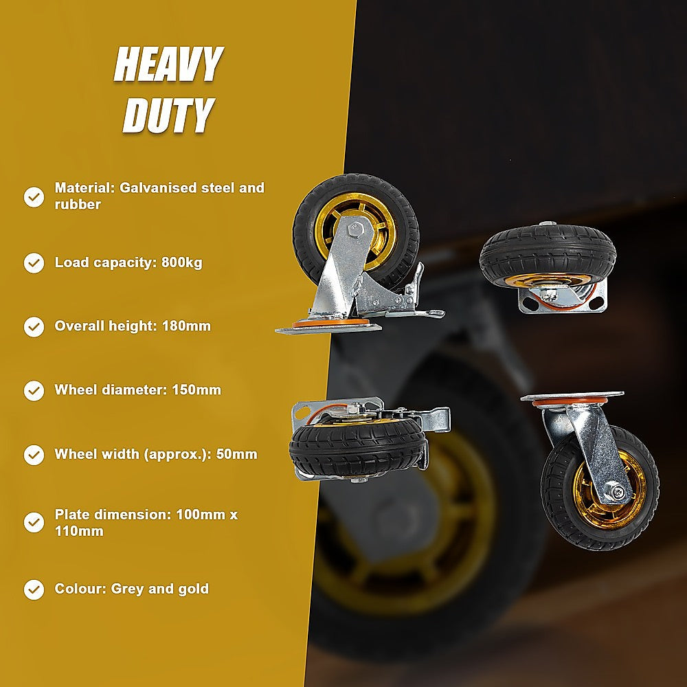 Castor Wheels 4 x 6" 150mm Swivel Silent Caster 2 Brakes 800KG V63-841911