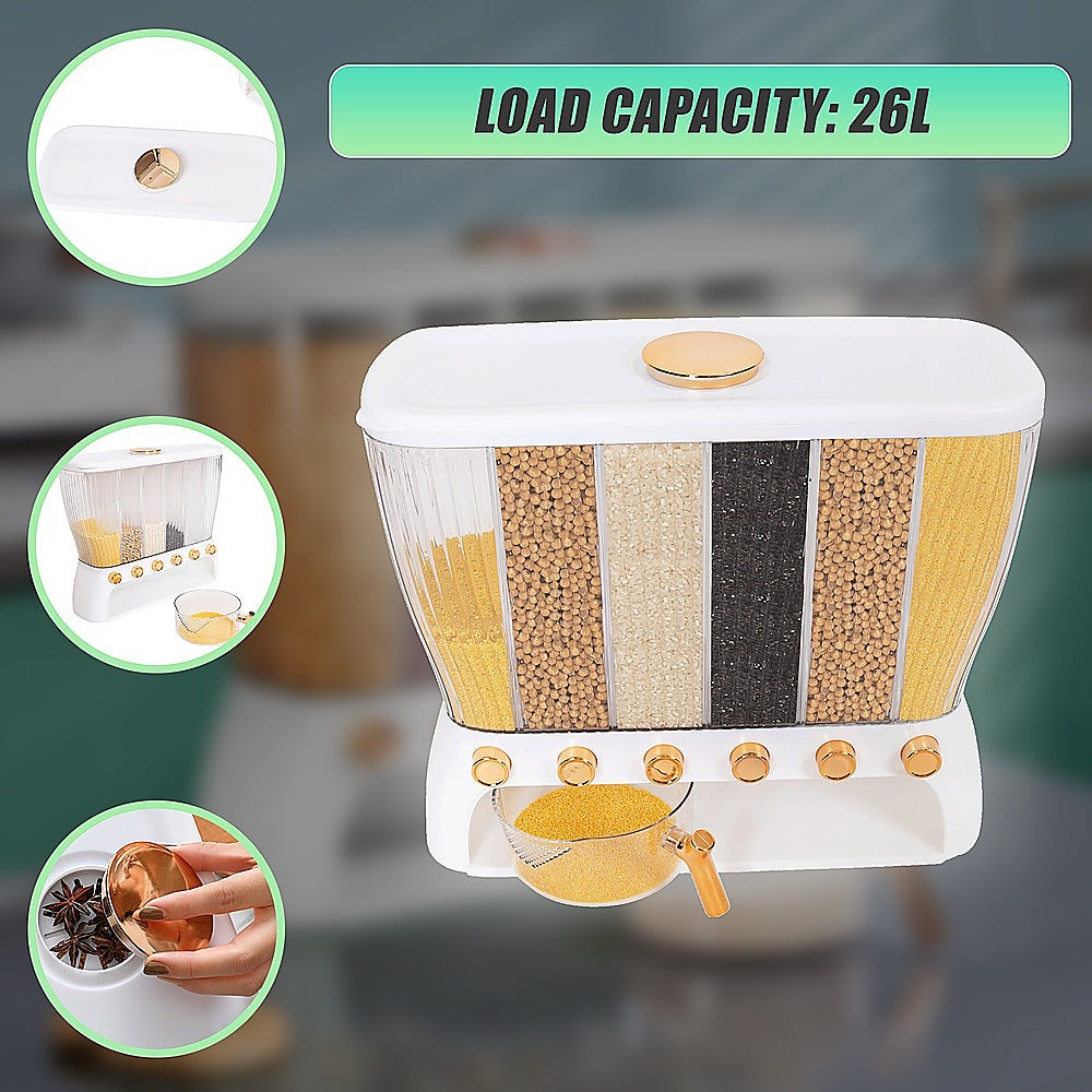 6 Grids Dispenser Storage Container Rice Cereal Beans Grain V63-842211