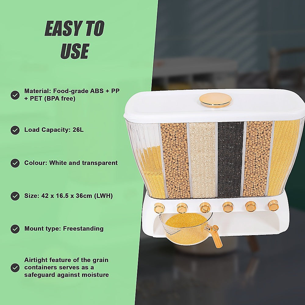 6 Grids Dispenser Storage Container Rice Cereal Beans Grain V63-842211