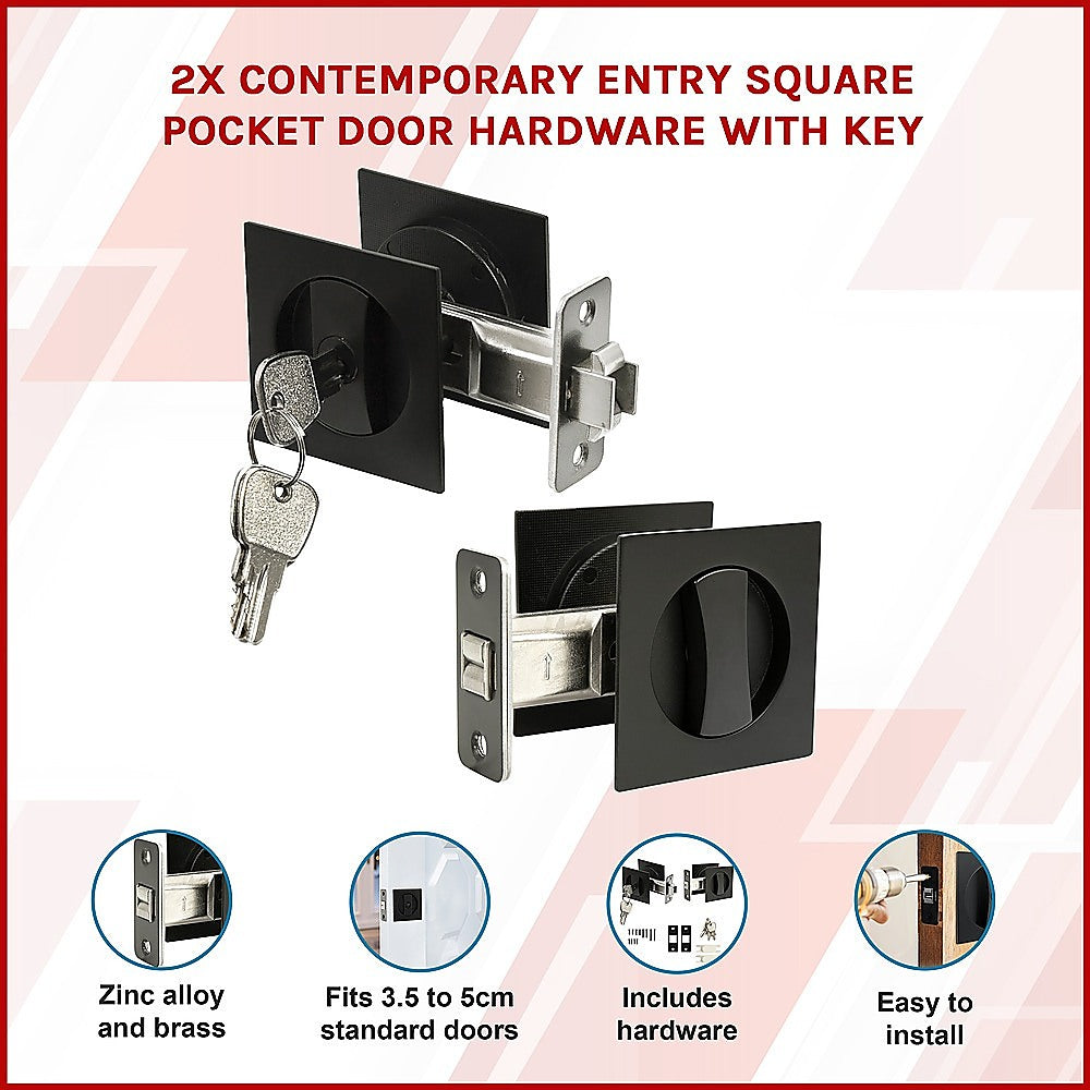 2x Contemporary Entry Square Pocket Door Hardware with Key V63-842401
