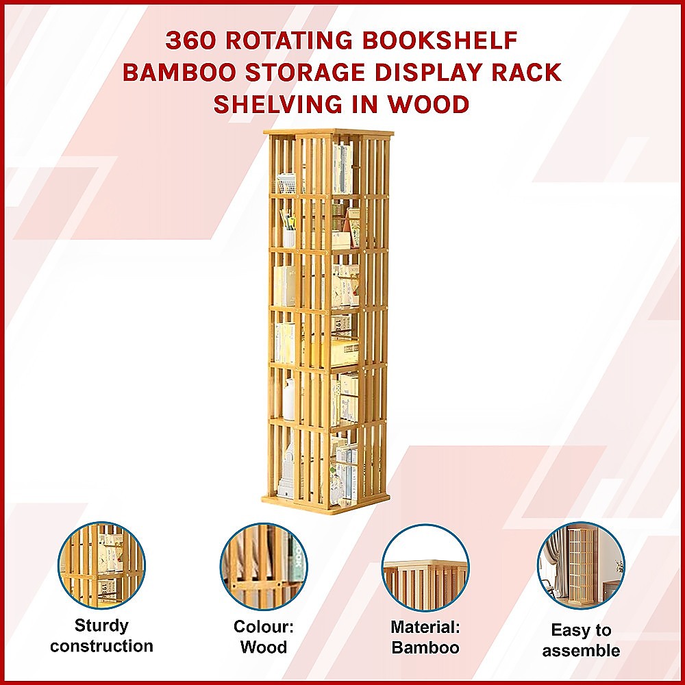 360 Rotating Bookshelf Bamboo Storage Display Rack Shelving in Wood V63-842461