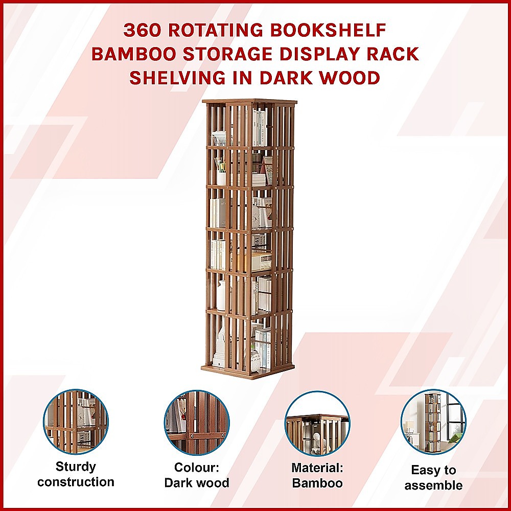 360 Rotating Bookshelf Bamboo Storage Display Rack Shelving in Dark Wood V63-842471