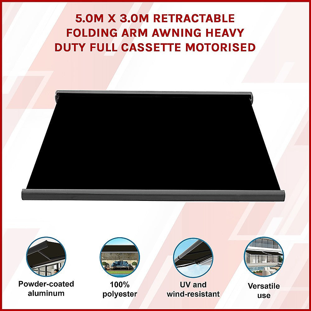 5.0m x 3.0m Retractable Folding Arm Awning Heavy Duty Full Cassette Motorised V63-842611