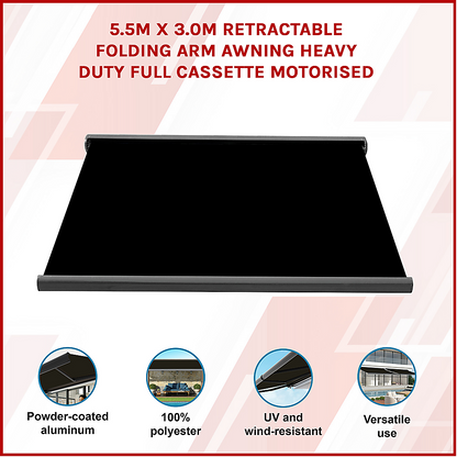 5.5m x 3.0m Retractable Folding Arm Awning Heavy Duty Full Cassette Motorised V63-842621