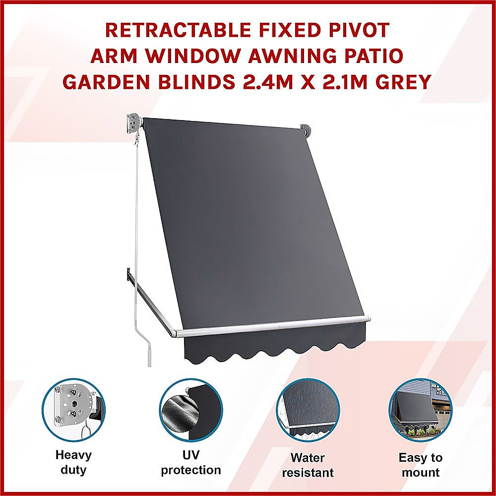 Retractable Fixed Pivot Arm Window Awning Patio Garden Blinds 2.4m x 2.1m Grey V63-842701
